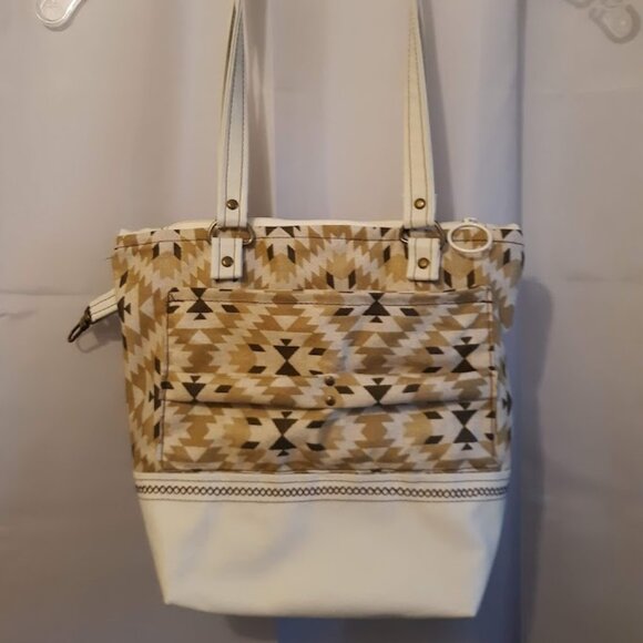 New Southwestern Geometric Vinyl Double handle Satchel Purse Ivory Mustard Brow - Picture 2 of 11